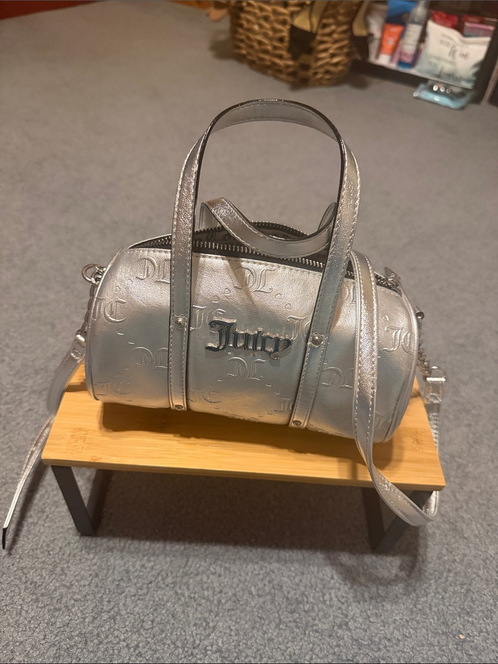 Juicy Couture Metallic Silver Mini Barrel Bag 91/2 length 7 1/2 width